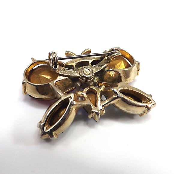 1940s Coro Butterfly Brooch Red Green Blue Rhinestone Gold Tone Vintage Jewelry - Picture 9 of 10